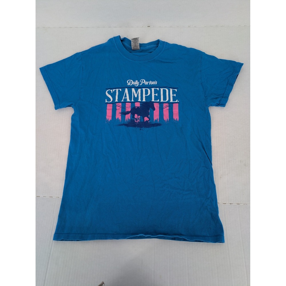 Gildan Dolly Partons Stampede T-Shirt Womens Small Blue Graphic Horse Souvenir